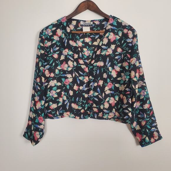 Vintage 80s 90s Floral Blouse Black Large - Picture 5 of 11